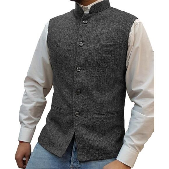 Mens Herringbone Wool Vests Grey